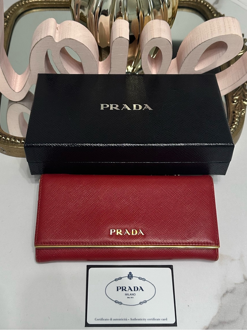 Prada Red Saffiano Leather Continental Wallet with Gold Trim